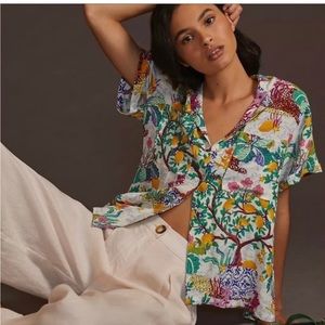 Anthropologie + Maeve 3X tropical print button up  open back top